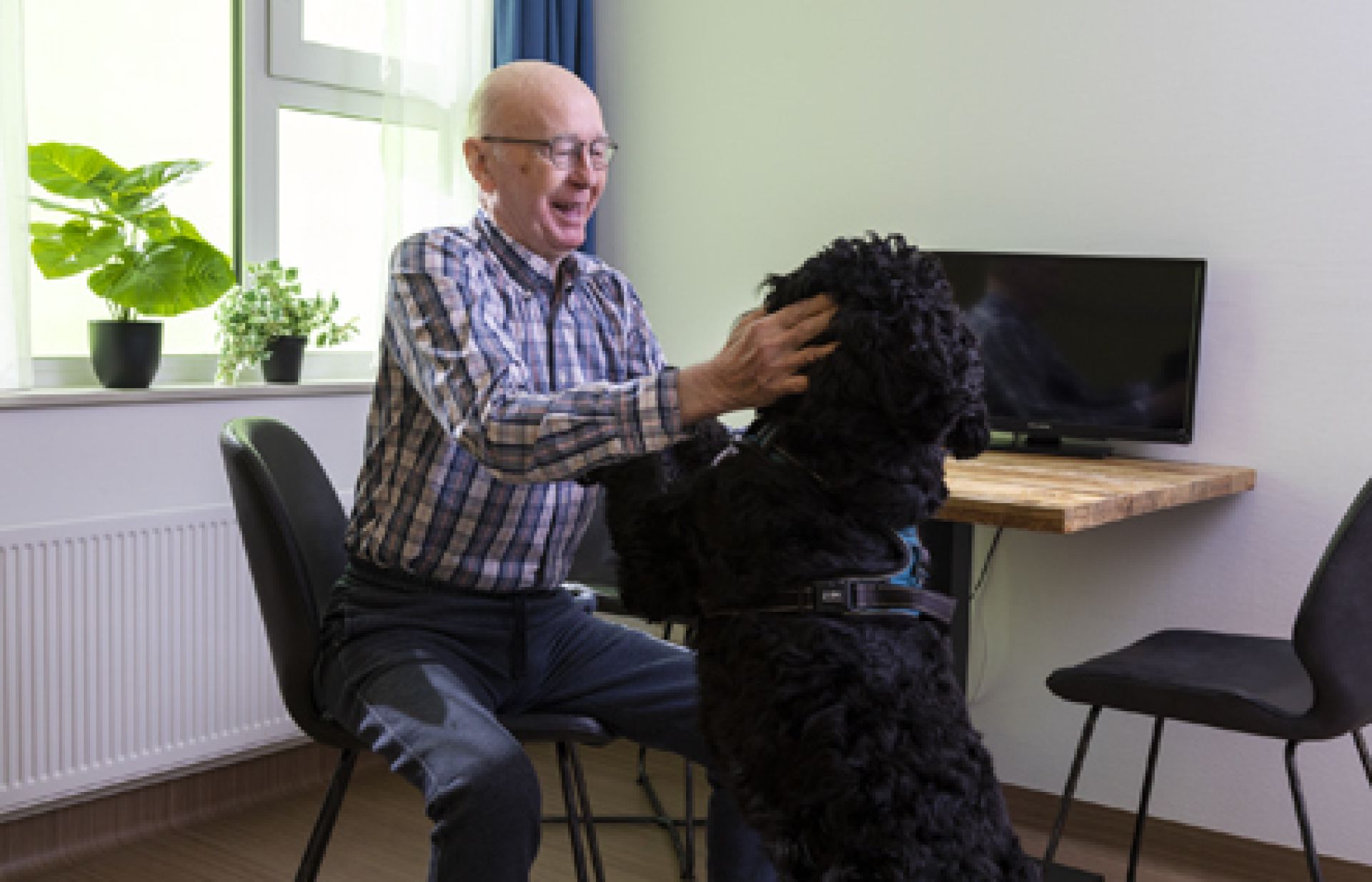 Cliënt speelt in zijn kamer met een hond.