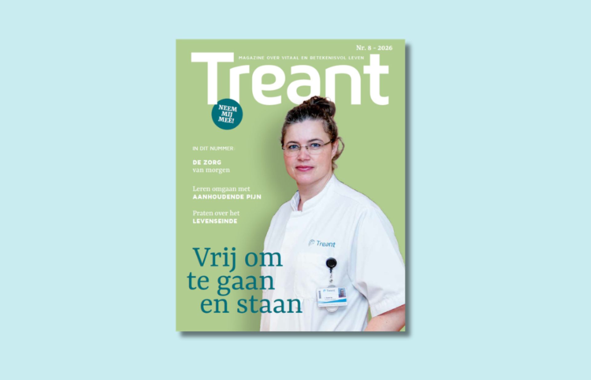 Voorzijde van het tijdschrift Treant met een professional in zorguniform op de cover.
