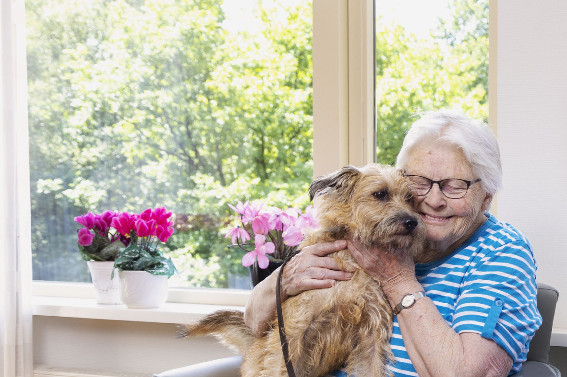 Mevrouw knuffelt haar hond