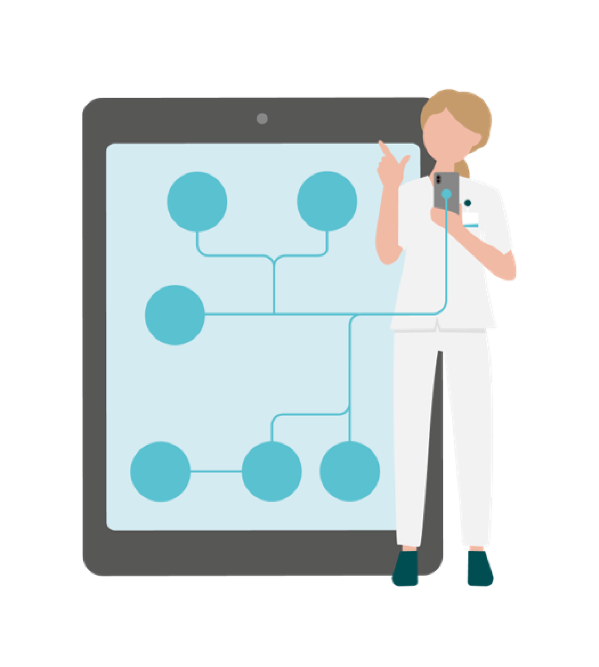 Tekening van verpleegkundige met tablet en mobiele telefoon. Dit staat voor digitalisering en technologie.