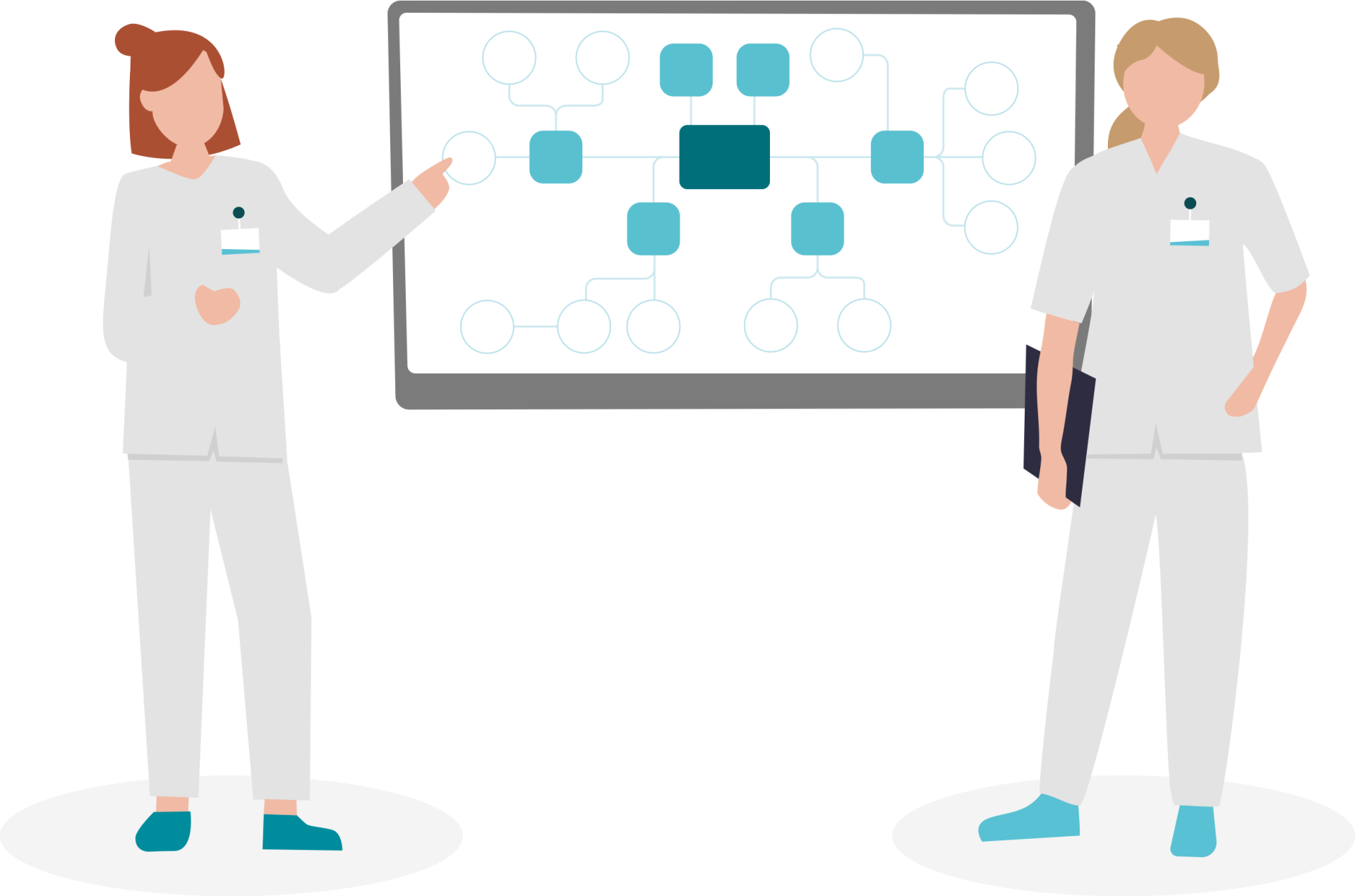 Tekening van twee verpleegkundigen bij een verpleegkundig dashboard
