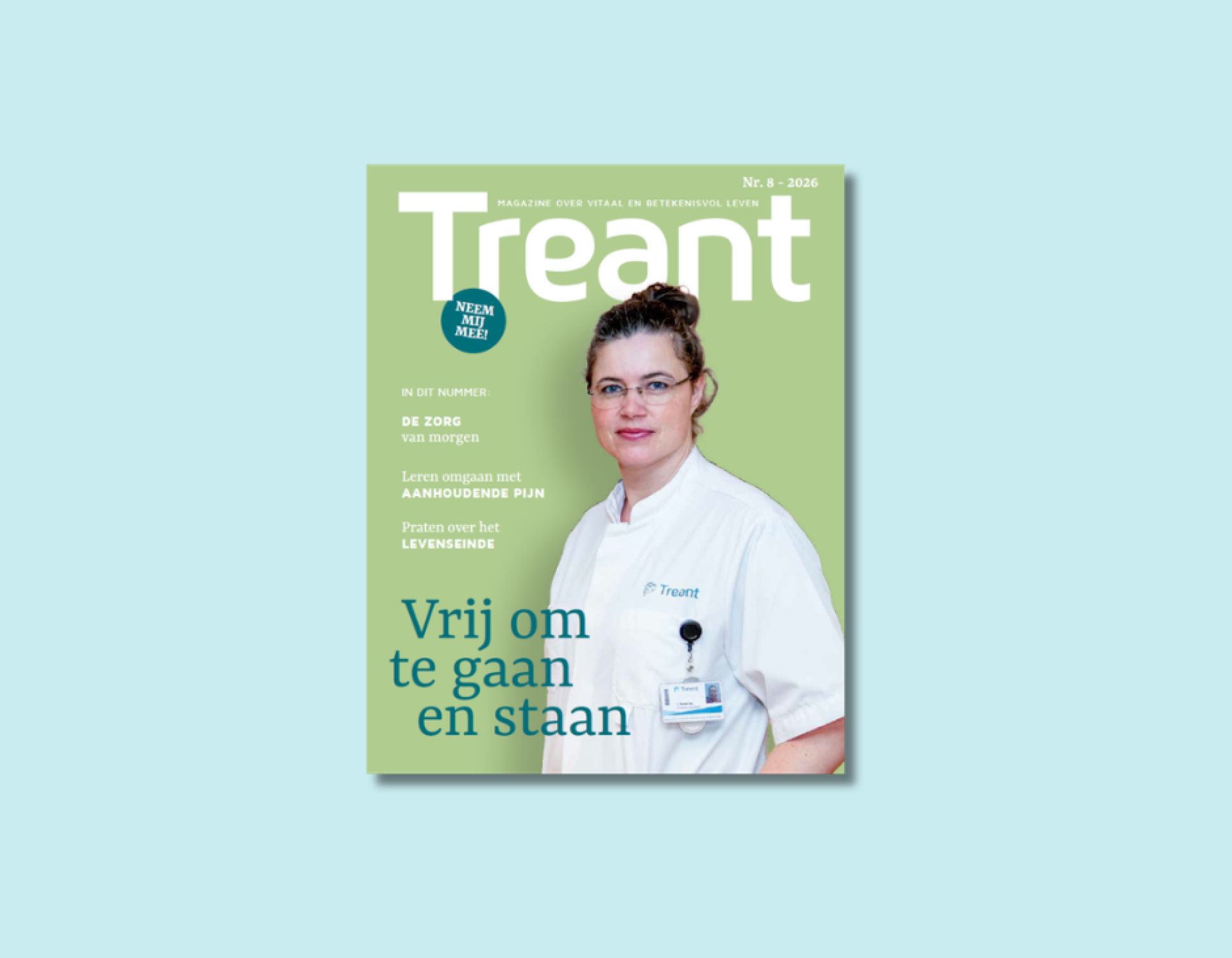 Voorzijde van het tijdschrift Treant met een professional in zorguniform op de cover.
